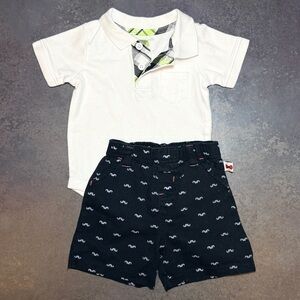 Garanimals White Polo Bodysuit + Dapper Dude Mustache Shorts Outfit Set 6-9M